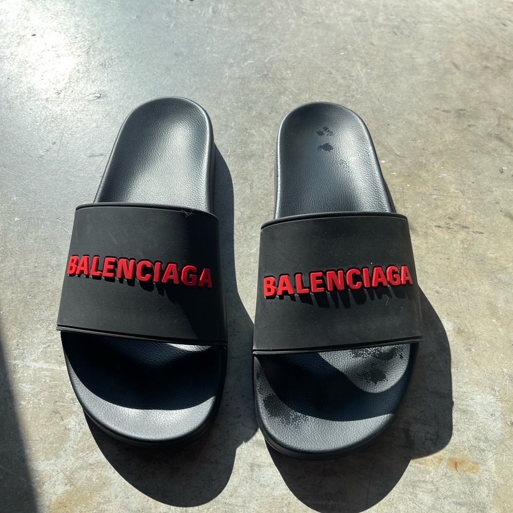 Balenciaga Black Slides with Red Logo